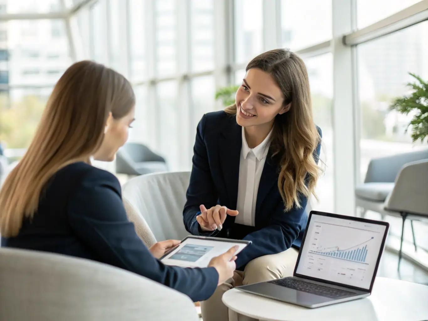 An image showcasing a modern office environment with a financial advisor meeting with a client, emphasizing the personalized and supportive service provided by One Stop Financial Solutions.