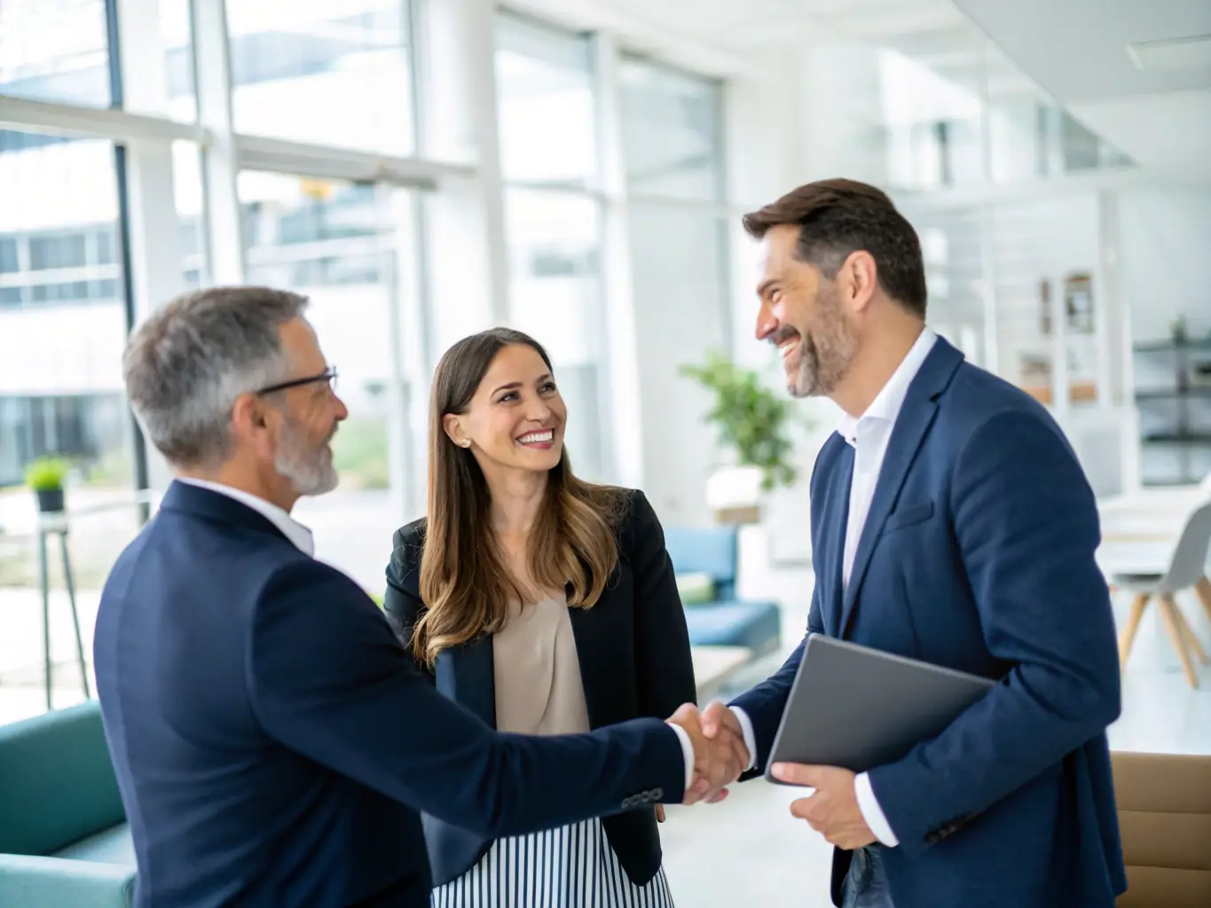 An image of a successful business owner shaking hands with a financial advisor, symbolizing the successful partnerships and client-focused approach of One Stop Financial Solutions.