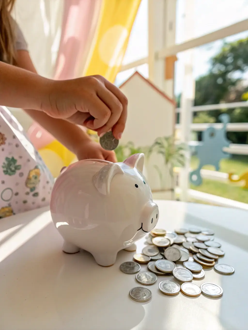 A person putting coins into a piggy bank with a determined expression, symbolizing savings strategies for individuals.