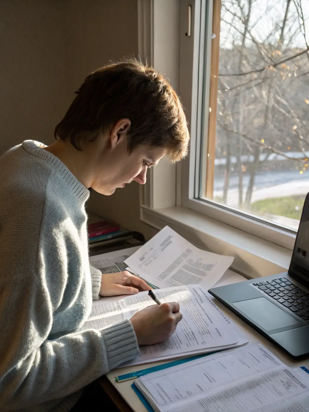 A person creating a budget on their laptop at a bright, modern kitchen table, with financial documents and a calculator nearby, representing budgeting services.