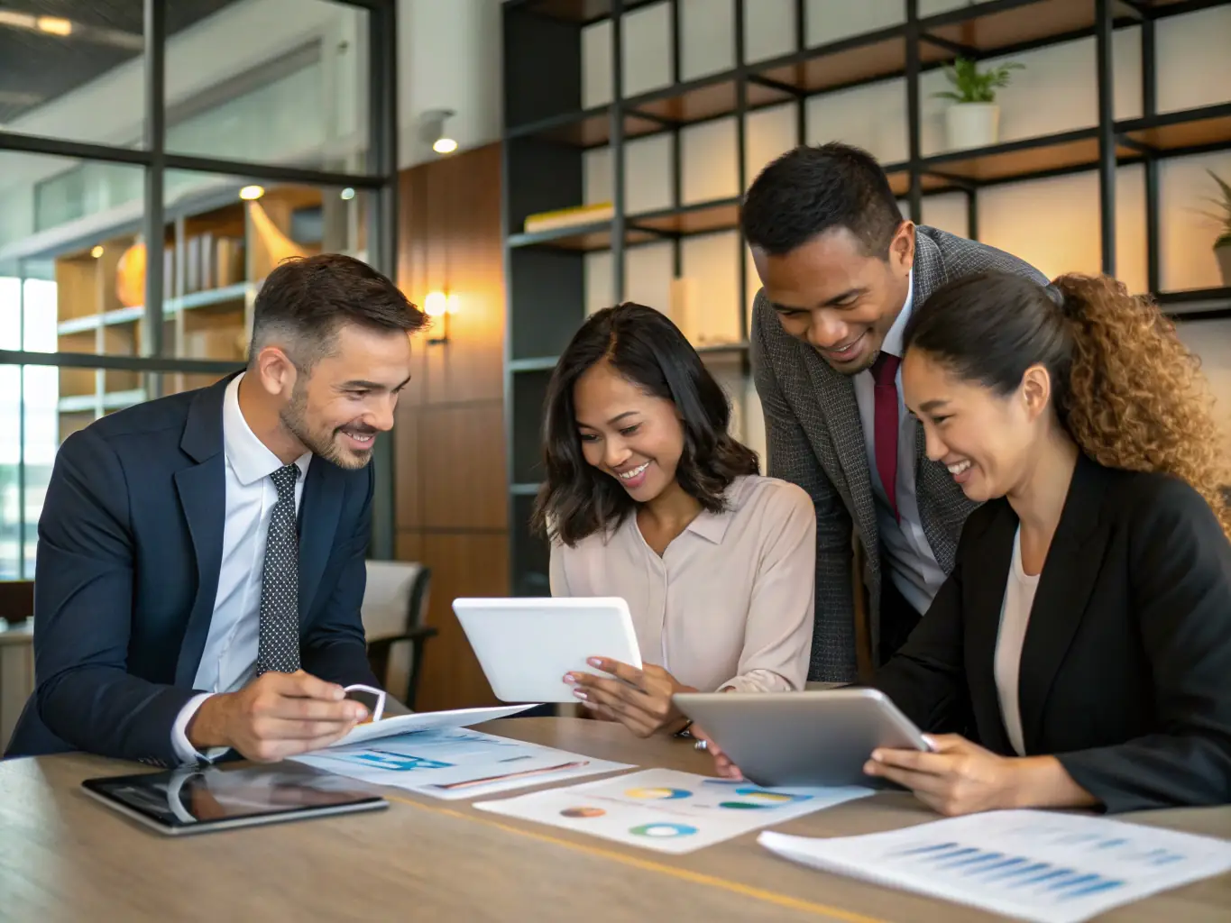 An image depicting a diverse group of people collaborating around a table, reviewing financial documents and charts, symbolizing the collaborative and client-focused approach of One Stop Financial Solutions.