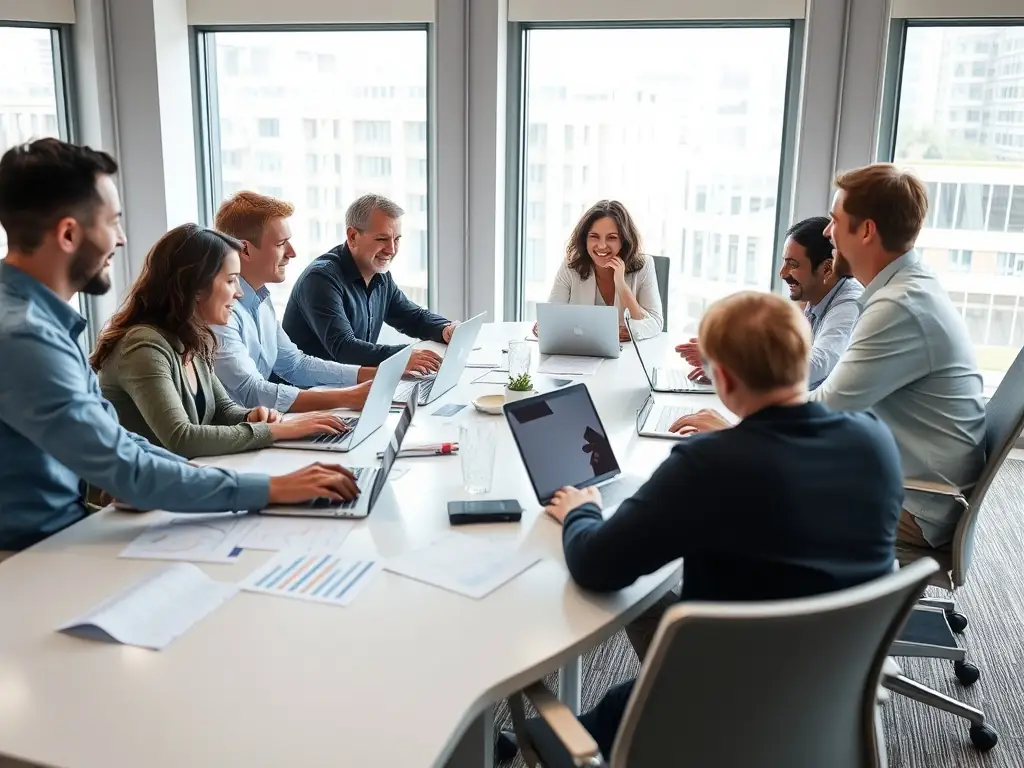 A diverse team of financial advisors collaborating in a modern office setting, reviewing business financial reports and discussing strategies for growth and sustainability.