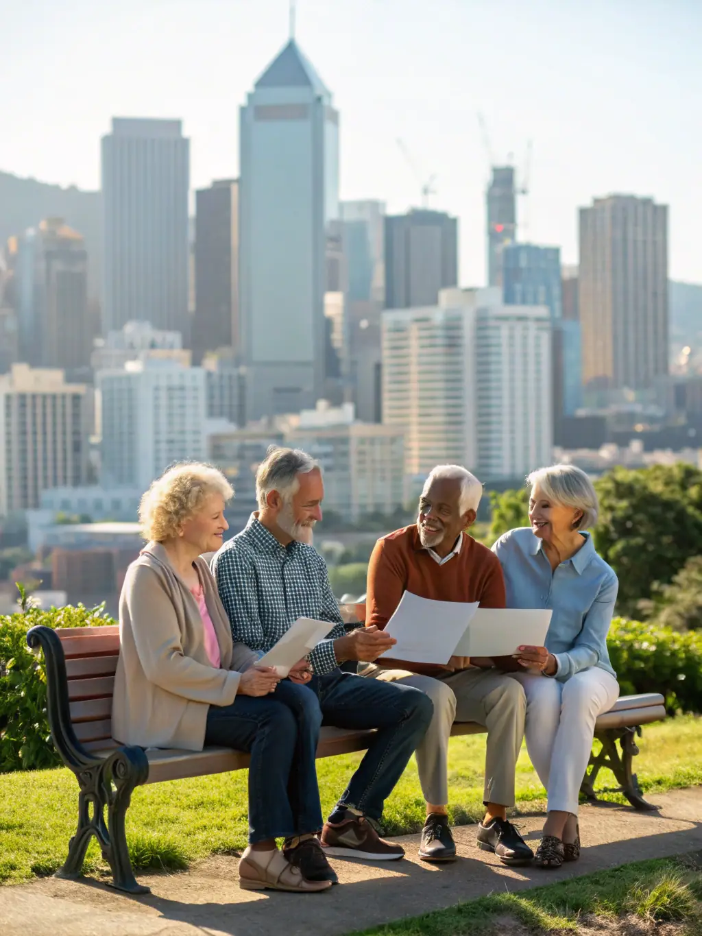 An image of a diverse group of people happily retired and engaging in various leisure activities, illustrating the benefits of retirement planning with One Stop Financial Solutions.