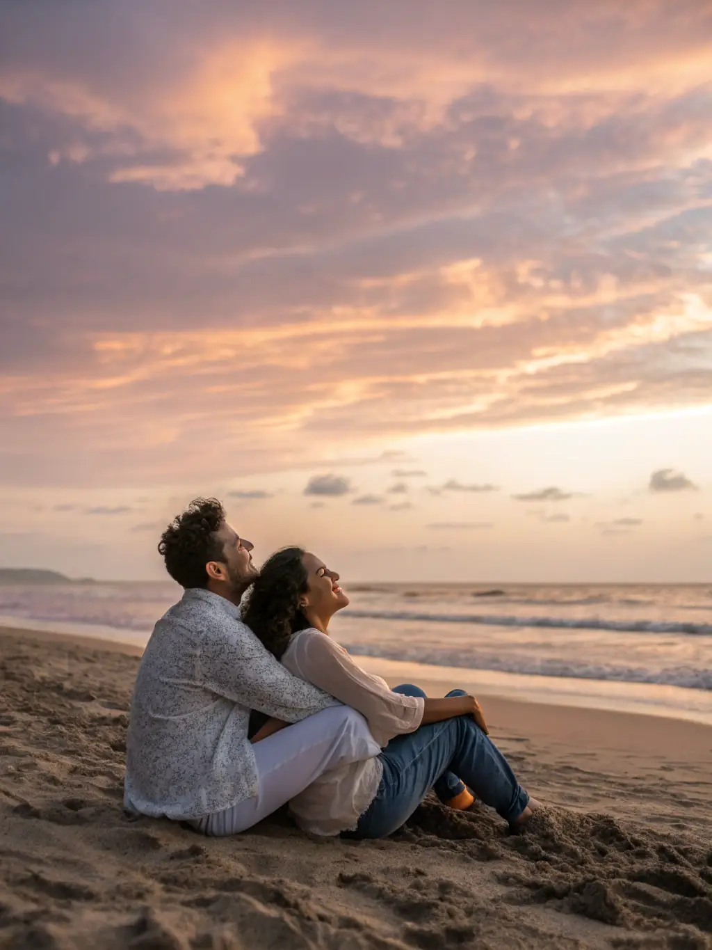 A senior couple smiling and relaxing on a beach at sunset, representing retirement planning.